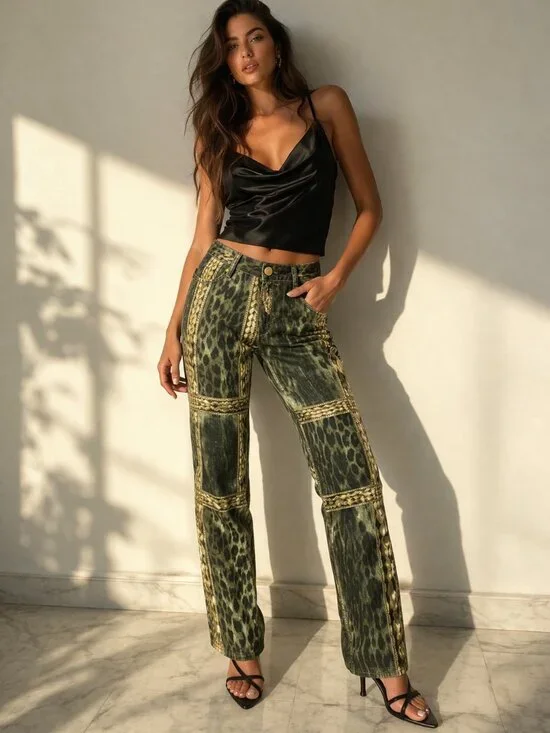 Roberto Cavalli Leopard Print Jeans Gold Chain Panel Rare Designer Denim M - Picture 1 of 13